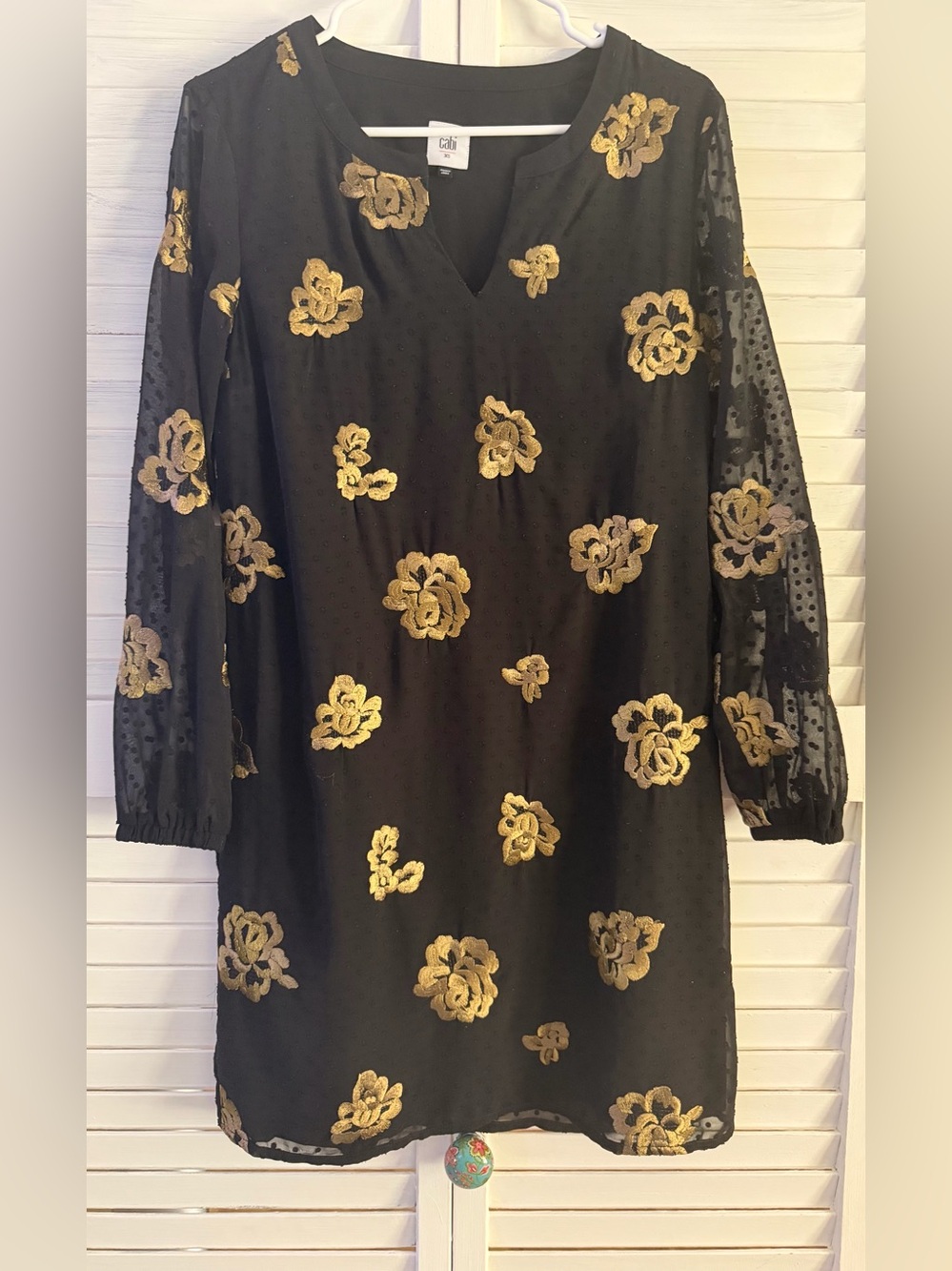 Cabi Black Dress with Gold Floral Embroidery